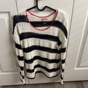 Lucky Brand Black and White Striped Open-Knit Sweater with Red Trim